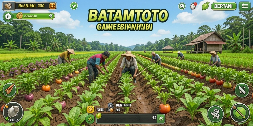 Antarmuka permainan yang menampilkan aktivitas bertani di BATAMTOTO.