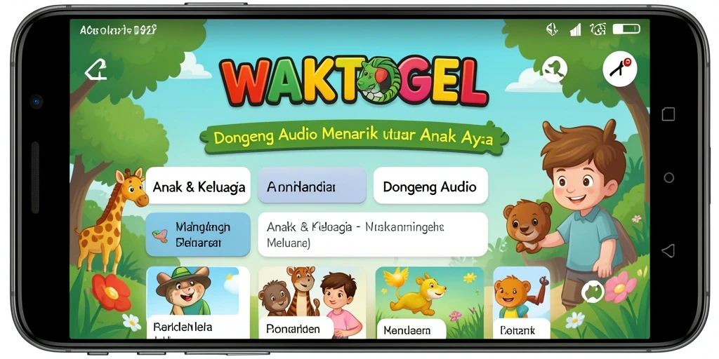 Antarmuka aplikasi WAKTOGEL dengan koleksi dongeng audio yang menarik.
